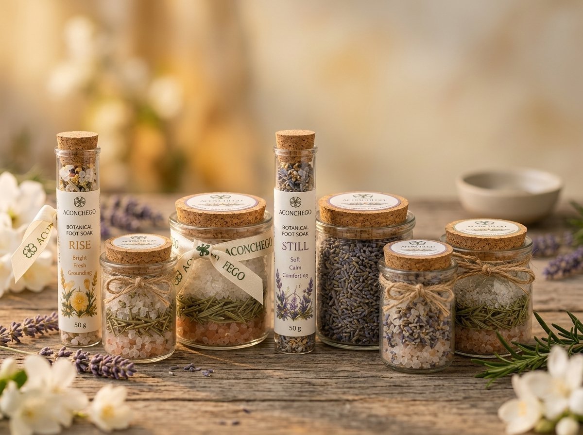 Aconchego botanical foot soaks — Rise, Still and Ritual in glass jars