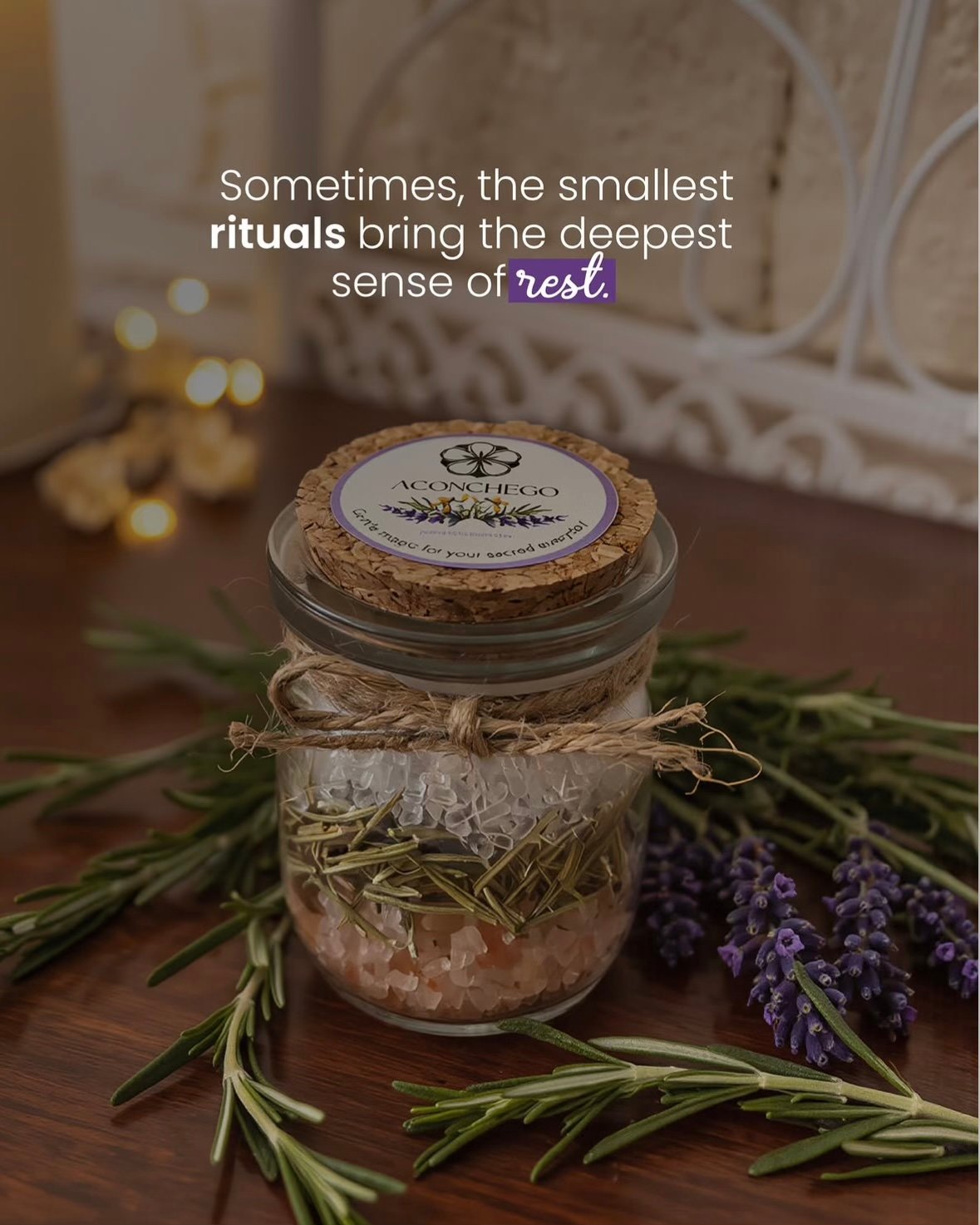 Aconchego bath salts — pink Himalayan salt with rosemary and lavender