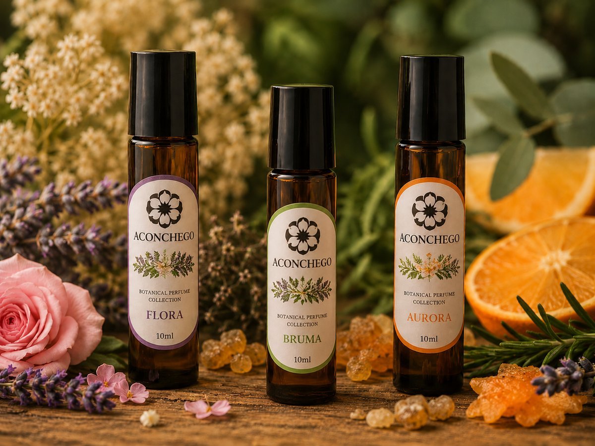 Aconchego botanical roll-on perfumes — Flora, Bruma and Aurora